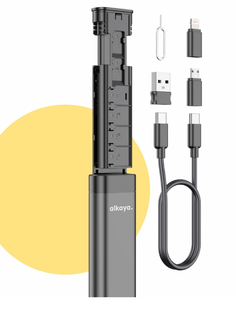 alkaya. | Venture | Travel Kit - Aluminium Gehäuse mit USB-C Kabel und Adapter Connectoren für alle Anschlüsse (USB-A, Lightning, Micro-USB)
