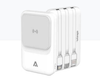 alkaya. | Thor | 10.000 mAh Powerbank 3 in 1: Induktives Laden, unterstützt MagSafe-Technologie, Ports, Integrierte Kabel mit USB-A, USB-C und Lightning Anschlüssen